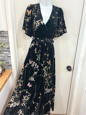 Black Floral whimsical  Velvet maxi  Dress with Butterfly Print